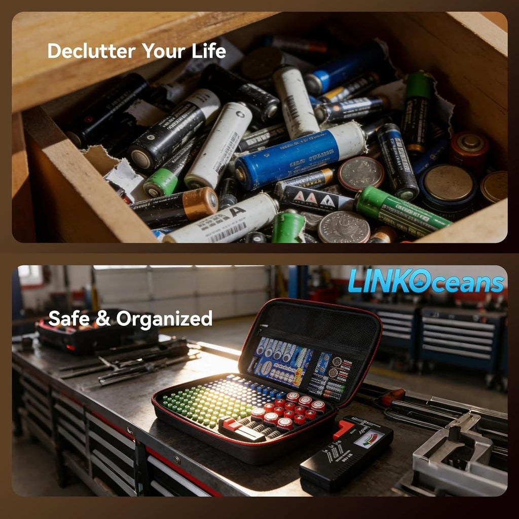 Battery Organizer with BT-168 Tester, EVA Storage Case | 210+ AA AAA C D 9V Capacity, Fireproof Waterproof