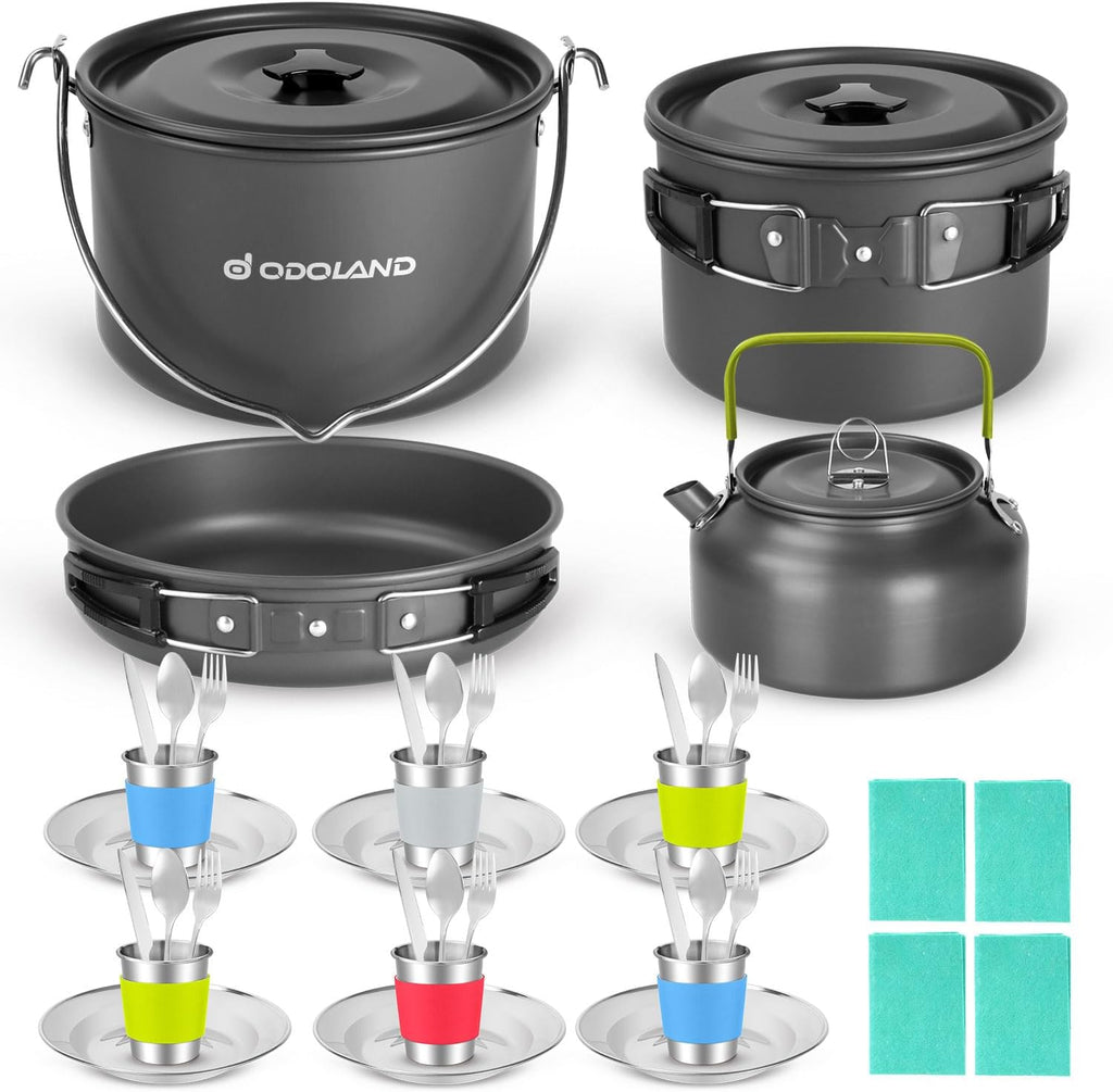 39pcs Camping Cookware Mess Kit, Non-Stick Large Size Hanging Pot Pan Kettle with Base Dinner Cutlery Sets for 6 and