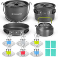 39pcs Camping Cookware Mess Kit, Non-Stick Large Size Hanging Pot Pan Kettle with Base Dinner Cutlery Sets for 6 and