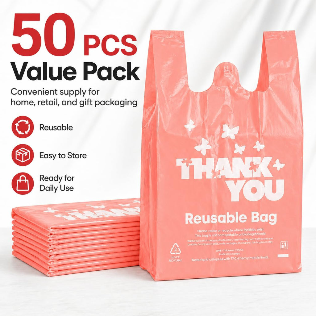 Reusable LDPE Shopping Bags with Handles 12x7x23, 2.25 Mil Thick, Pink, 50 Count