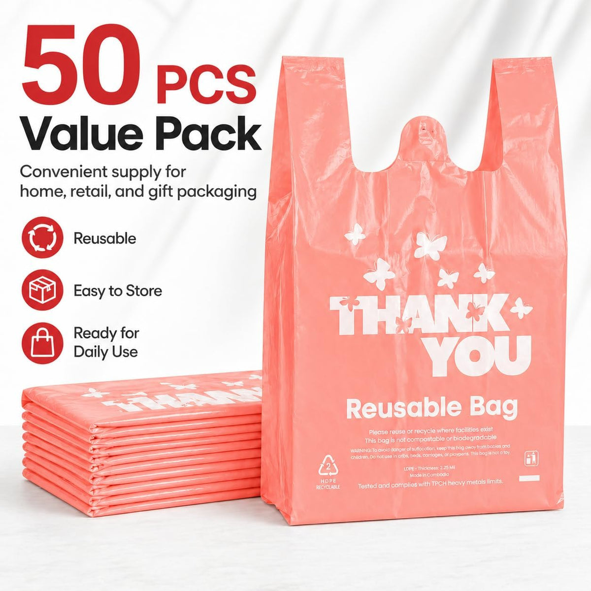 Reusable LDPE Shopping Bags with Handles 12x7x23, 2.25 Mil Thick, Pink, 50 Count