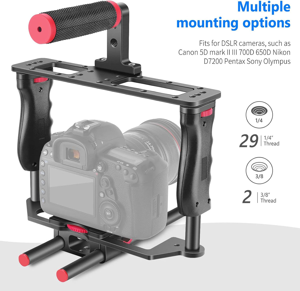 Camera Video Cage Film Movie Making Kit, Aluminum Alloy with Top Handle, Dual Hand Grip, Two 15mm Rods, Compatible
