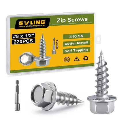 #8 x 1/2" Self Tapping Gutter Screws, 220PCS 410 Stainless Steel Sheet Metal Screws, Hex Washer Head, 1/4" Hex Bit