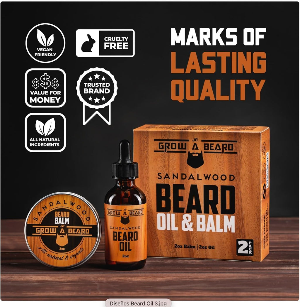 Beard Oil and Balm Set for Men - All-Natural Sandalwood & Citrus Scent, For Beard Growth and Care (2 Pack of 2 oz)