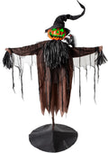 Halloween Animatronics Decorations, 5.5FT Animated Scarecrow with Pumpkin Head & Dynamic Crow, Sound Activated, Light