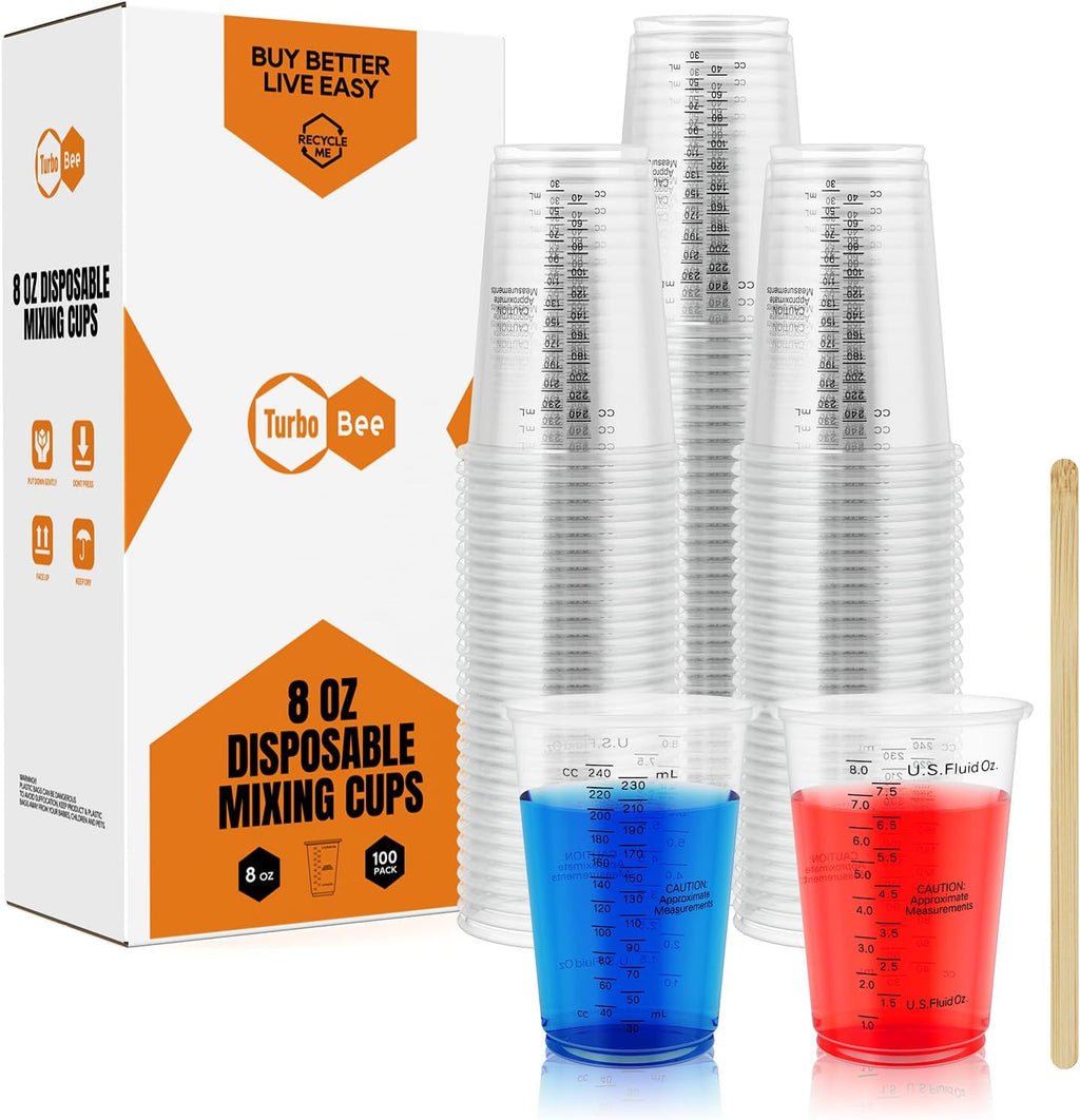 Plastic Measuring Cups 8OZ,100 PACK Disposable Mixing Cups with 100 Mixing Sticks,Paint Graduated Measuring Tumblers