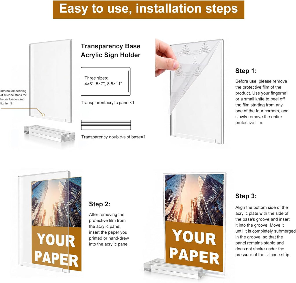 4x6 Acrylic Sign Holder,3Pack | Dual-Slot (Vertical Double-Sided/15° Single-Sided), Double-Sided Protective Film