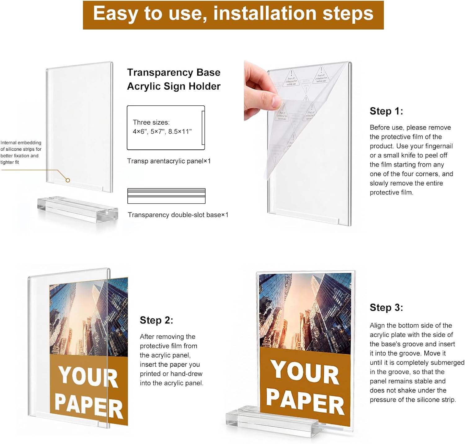 4x6 Acrylic Sign Holder,3Pack | Dual-Slot (Vertical Double-Sided/15° Single-Sided), Double-Sided Protective Film