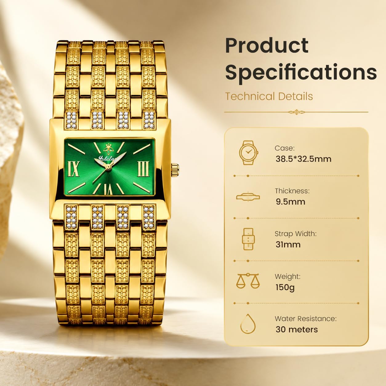Women's Luxury Gold Watches with Green Dial, Stylish Ladies Bracelet Watch | Rectangular Dial, Crystal Wide Band