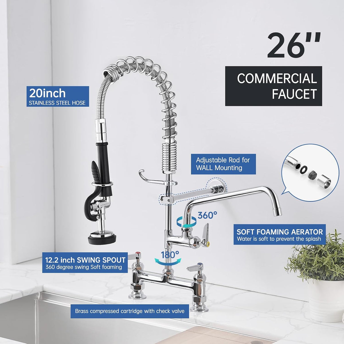 Commercial Kitchen Faucet,26 Inch 3 Compartment Sink Faucets Chrome