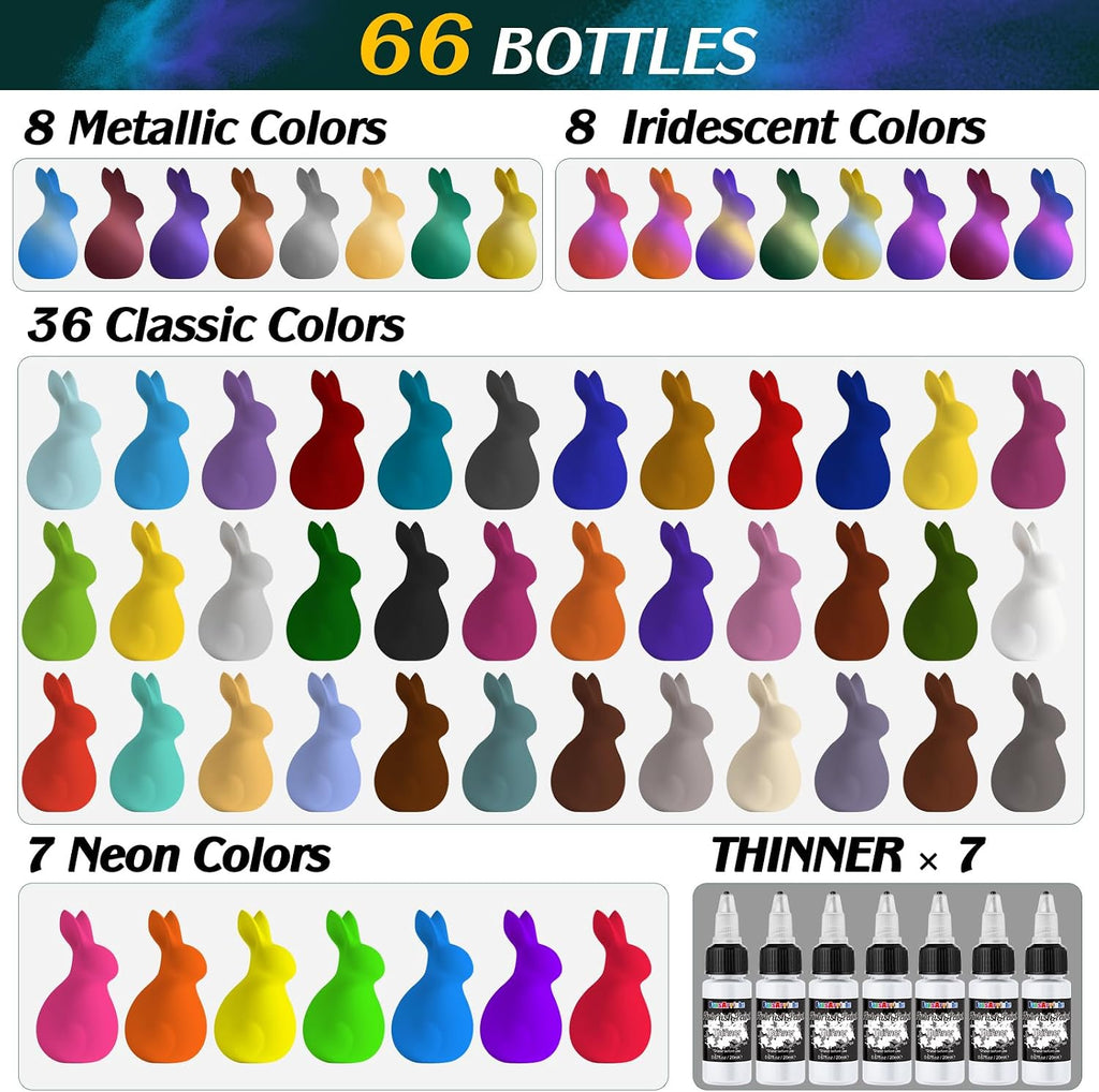 Airbrush Paint, 59 Colors with 7 Thinners, 20 ml/Bottle | Acrylic Air Brush Painting Set, Ready to Spray Water-Based