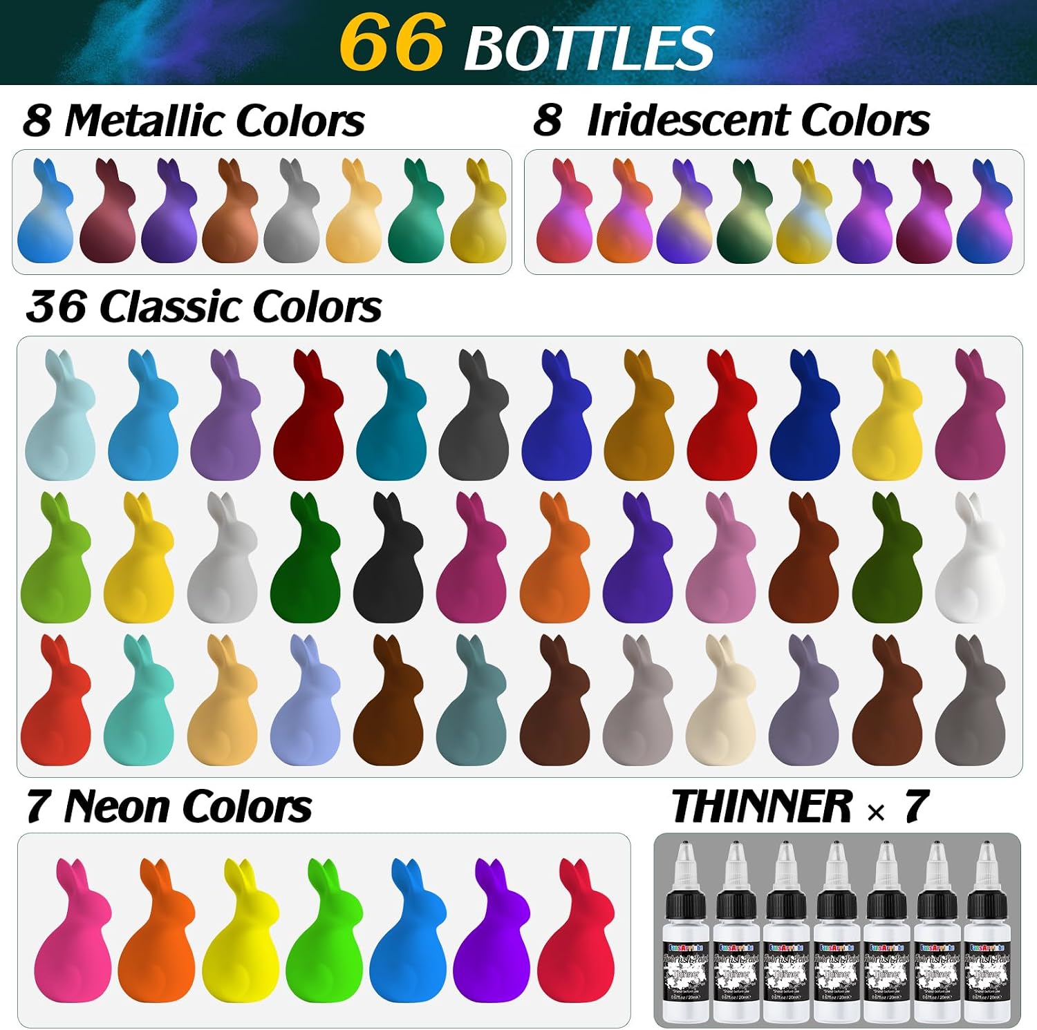 Airbrush Paint, 59 Colors with 7 Thinners, 20 ml/Bottle | Acrylic Air Brush Painting Set, Ready to Spray Water-Based