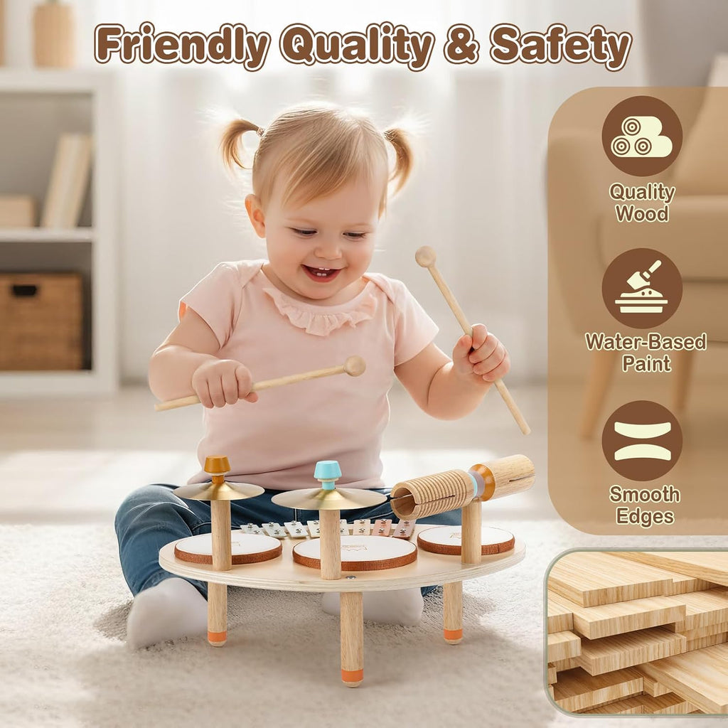 Drum Set for Toddler - Toys for 2 3 4 Year Old Girls Boy Gifts - 9 in 1 Wooden Montessori Musical Instruments with