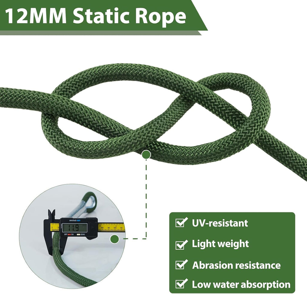 Static Climbing Rope - 12mm High Strength Arborist Rope 32FT for Outdoor Rappelling, Swing, Rigging, Tree Work
