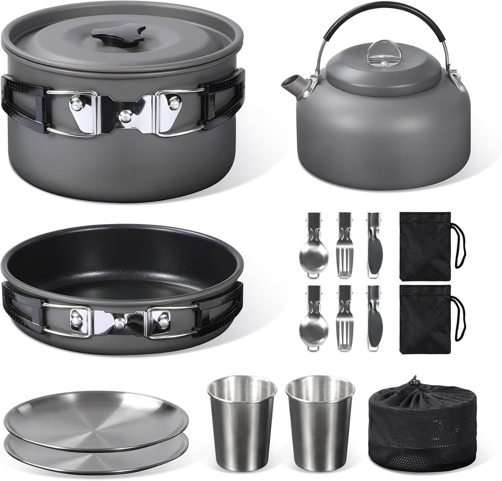 6/10/11/12/14/15/19 PCS Camping Cookware Mess Kit Camping Gear Campfire Utensils Lightweight Stackable Pot Pan Bowls