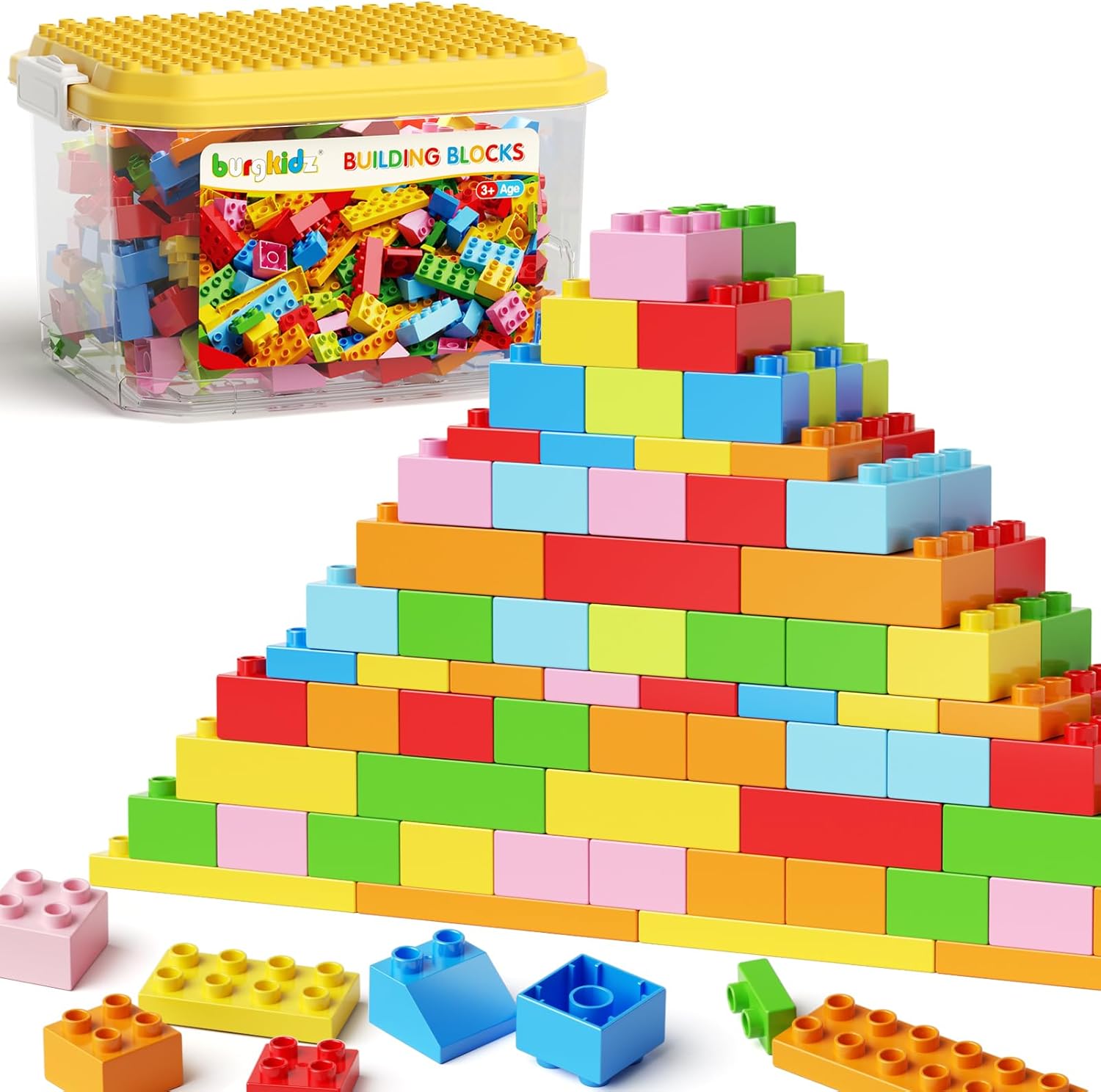 150PCS Jumbo Building Blocks with Clear Storage Box & Baseplate Lid - STEM Educational Toys for Toddlers 3+ Years