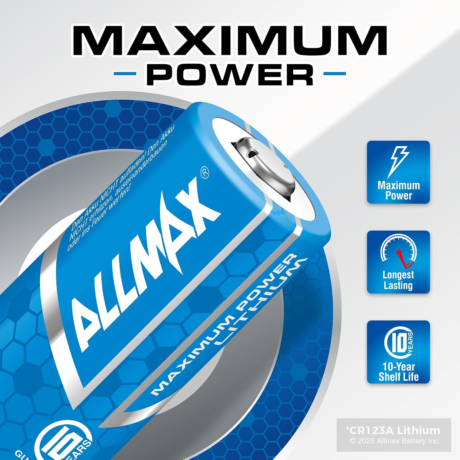 Allmax CR123A Maximum Power Lithium Batteries (16 Count) – 3V | 10-Year Shelf Life • Perfect for Wireless Security