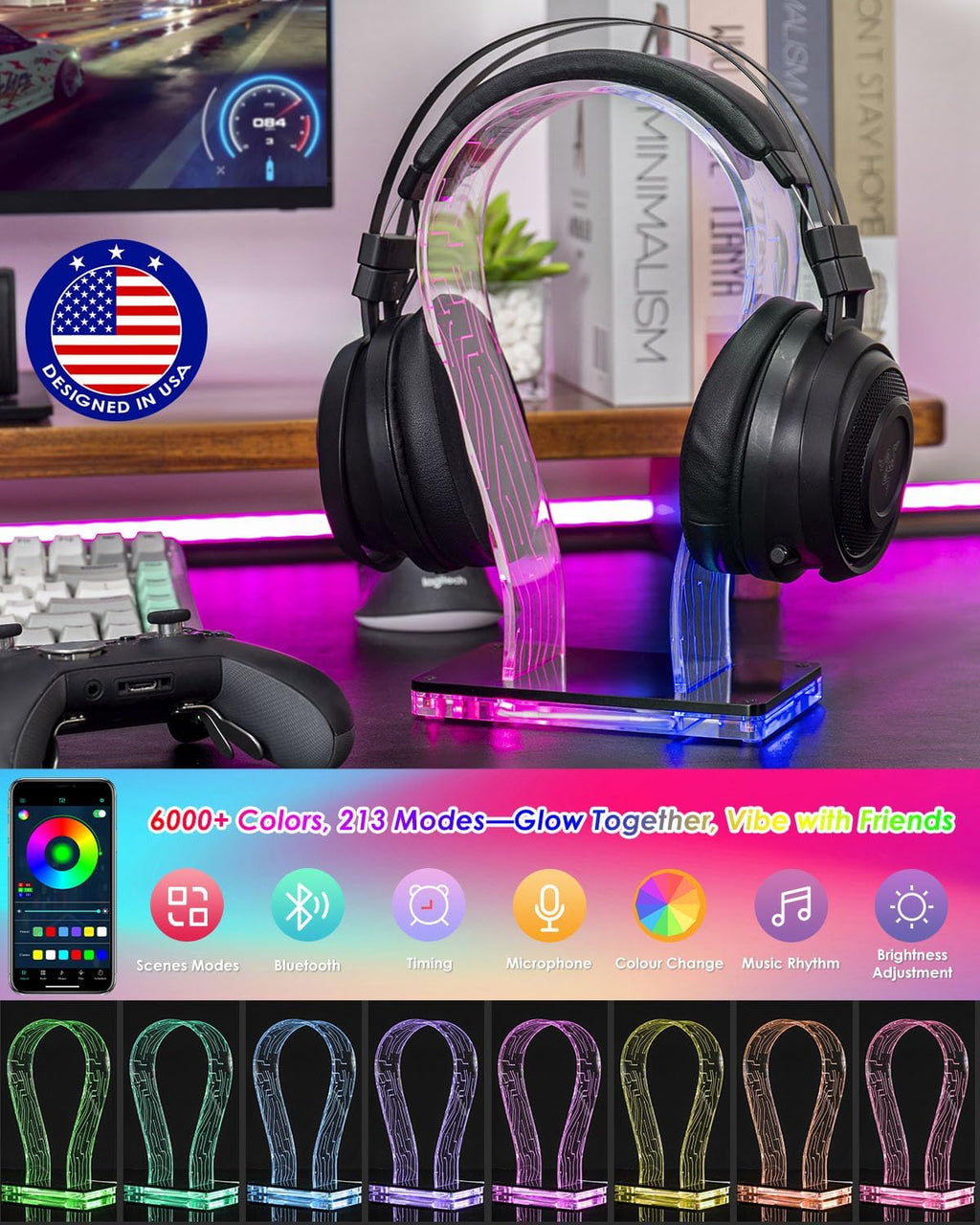 Acrylic RGB Headphone Stand for Desk with Many Light Modes & Colors | Customizable 213 lighting modes & 60,000