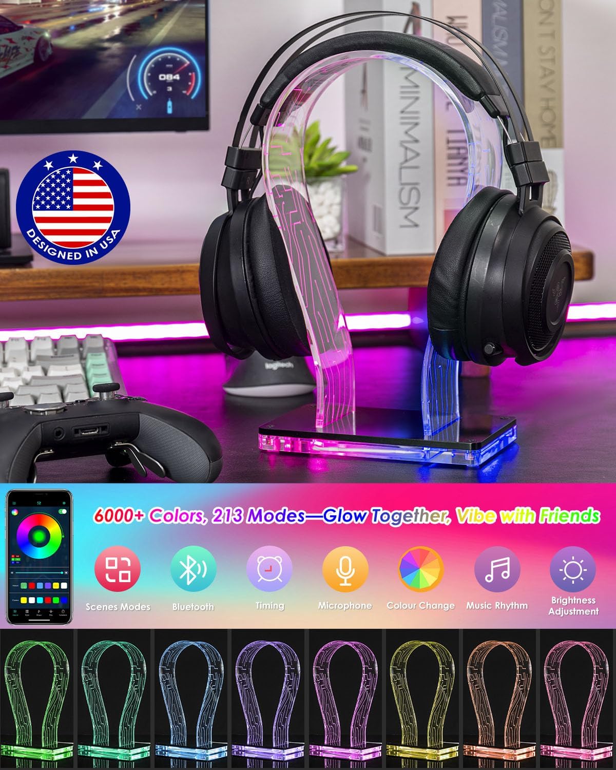 Acrylic RGB Headphone Stand for Desk with Many Light Modes & Colors | Customizable 213 lighting modes & 60,000