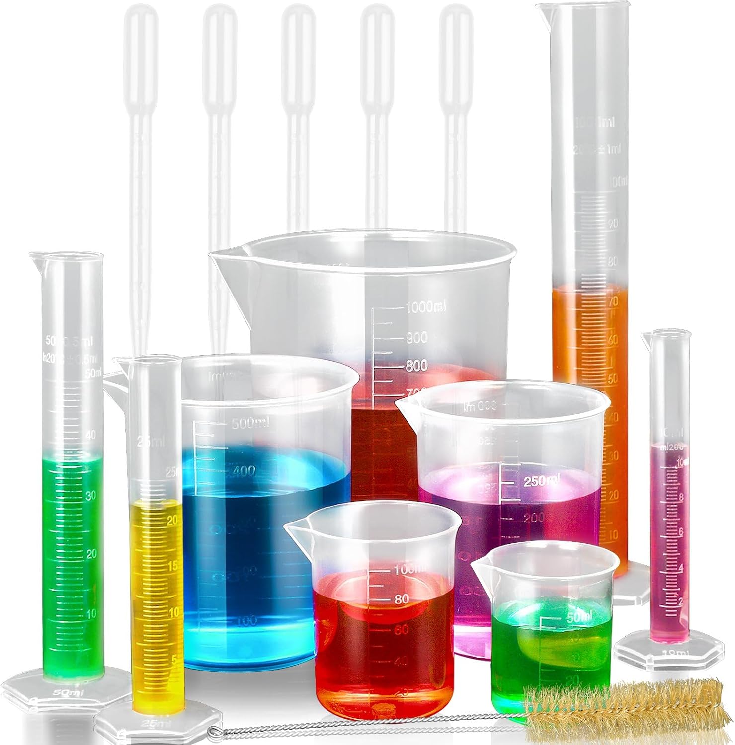 Plastic Graduated Cylinders and Beakers with 5 Pipettes, 10ml 25ml 50ml 100ml Cylinders, 50ml 100ml 250ml 500ml
