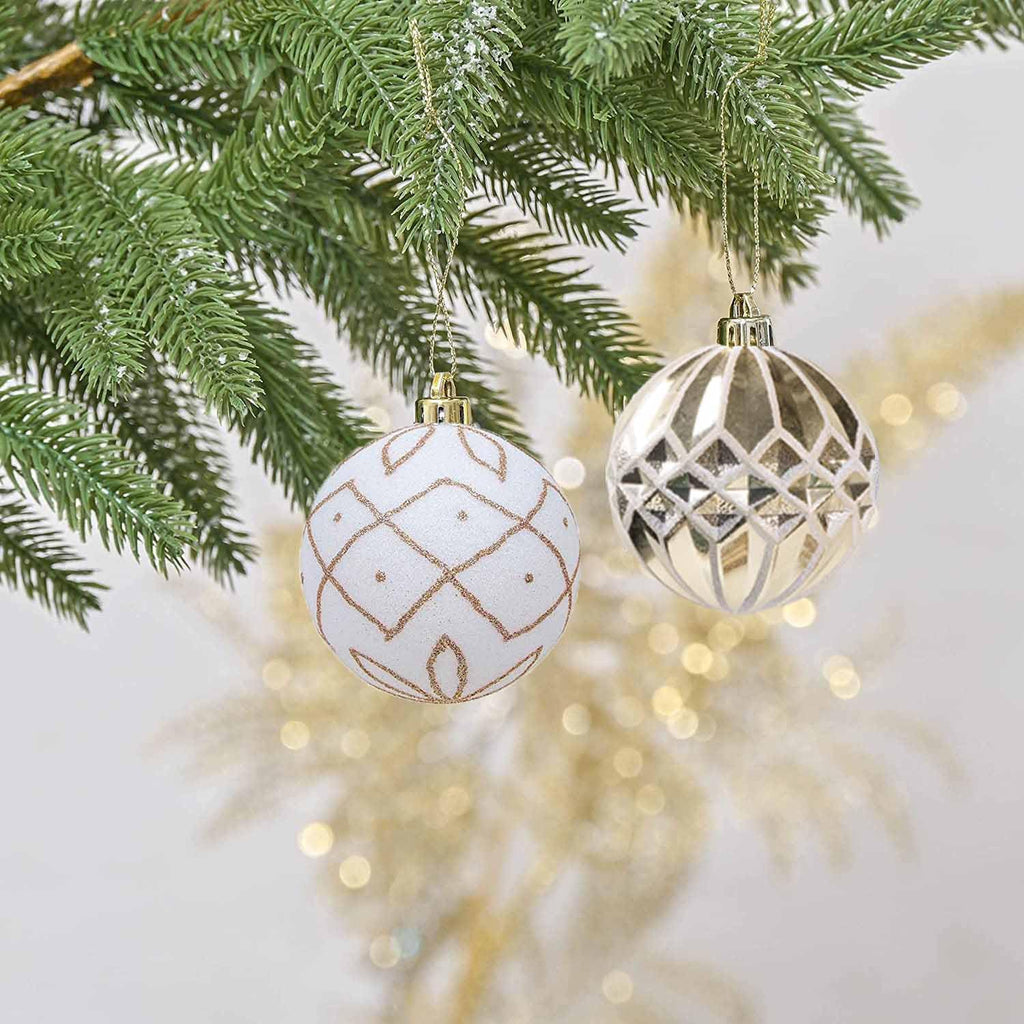 Christmas Ball Ornaments Set, 20ct 60mm Elegant White and Gold Assorted Christmas Tree Decorations, Shatterproof