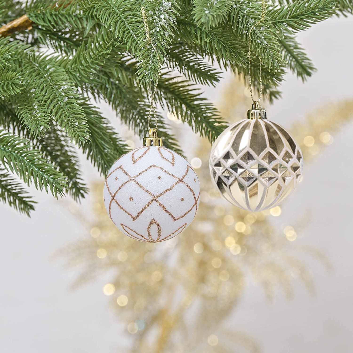 Christmas Ball Ornaments Set, 20ct 60mm Elegant White and Gold Assorted Christmas Tree Decorations, Shatterproof