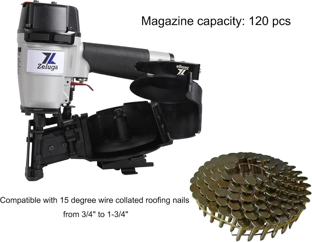 28-145 Pneumatic 15 Degree Coil Roofing Nailer with 120 PCS Load Capacity Coil Nailer Kit with Eye Protection and