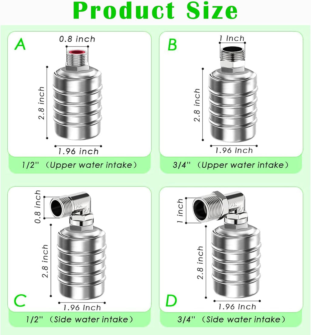 Water Float Valve, Auto Level Control, 304 Stainless, 1/2 in & 3/4 in