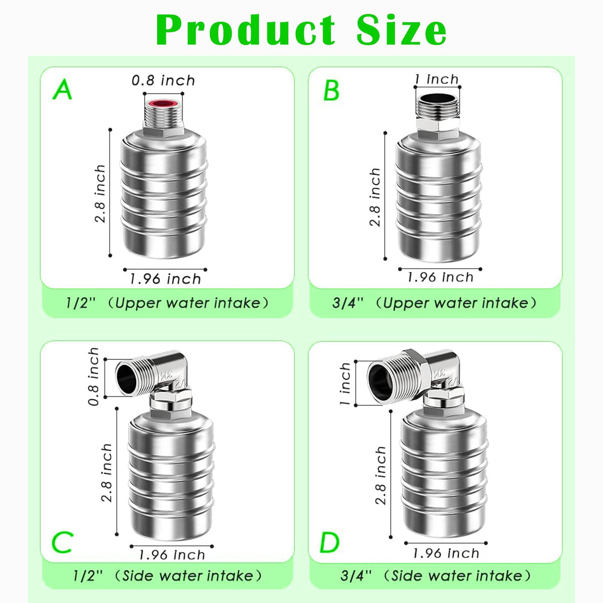 Water Float Valve, Auto Level Control, 304 Stainless, 1/2 in & 3/4 in