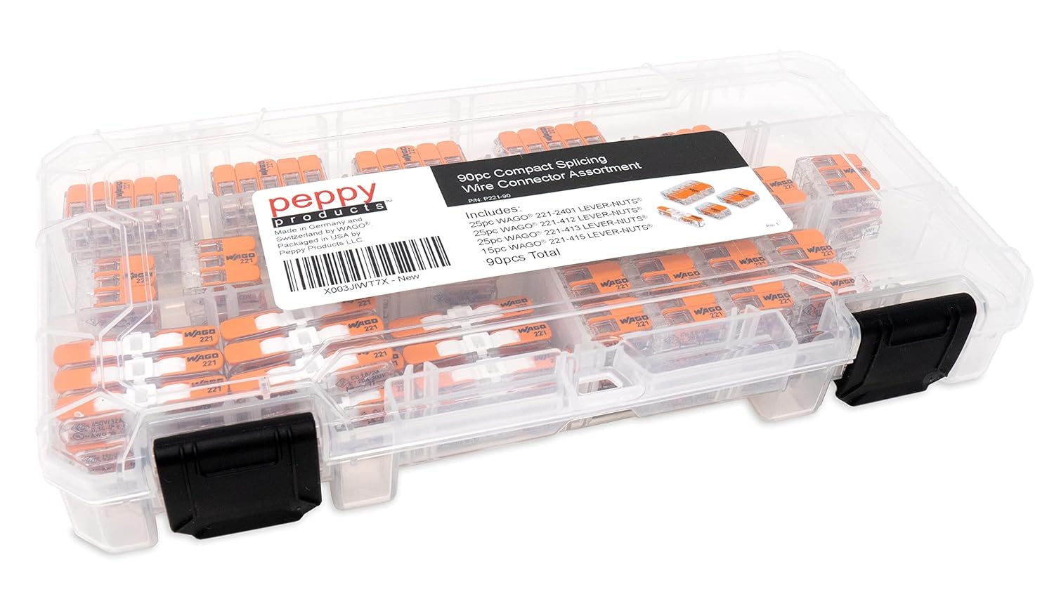 WAGO 221 Lever Nuts 90pc Compact Splicing Wire Connector Assortment with Case. Includes 221-2401, 221-412, 221-413