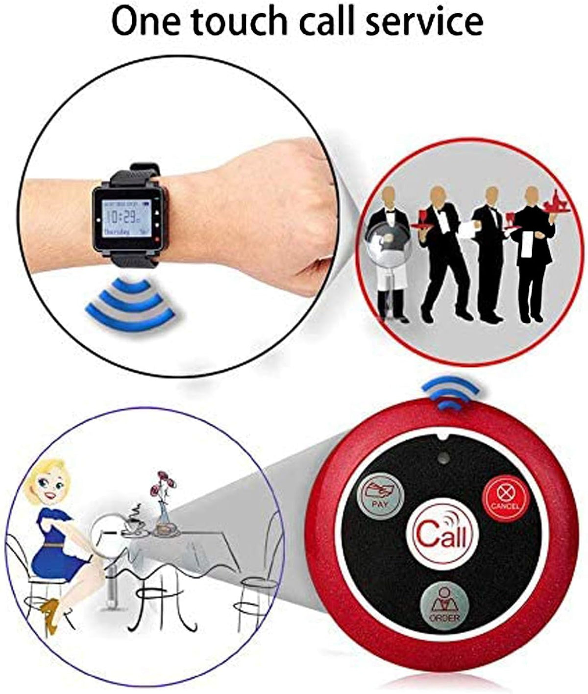 T128 Wireless Calling System,Restaurant Paging System,Wrist Pager,Rechargeable Battery,2Receiver,15 Call Button for