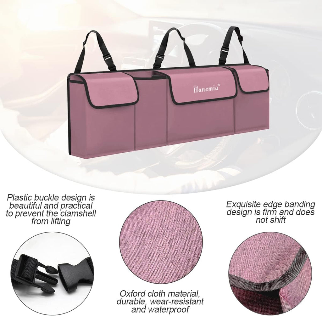 Car Trunk Organizer, Backseat Hanging Storage with 4 Large Pockets, Collapsible Cargo Bag with Adjustable Straps