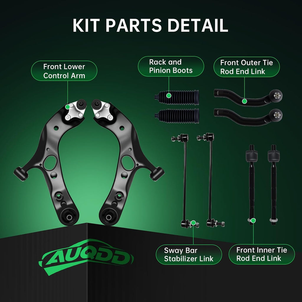 AUQDD 10Pc Front End Suspension Kit Fit For 2006-2018 To-yota RAV4, 2 Lower Control Arm w/Ball Joint 2 Sway Bar Link 4 Outer & Inner Tie Rod End (# K620586 K620587 K750043 EV800328 ES800053 ES800054)