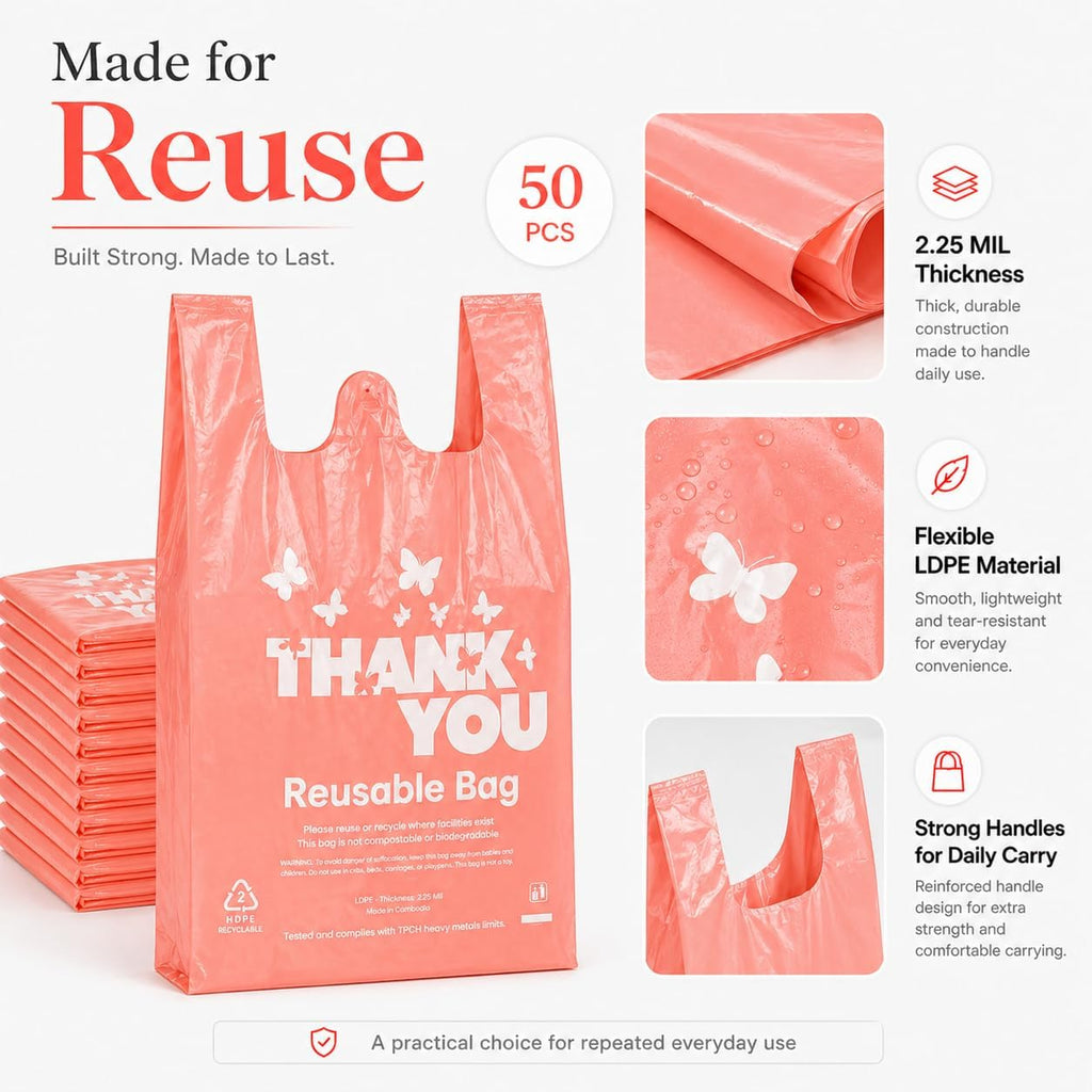 Reusable LDPE Shopping Bags with Handles 12x7x23, 2.25 Mil Thick, Pink, 50 Count