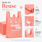 Reusable LDPE Shopping Bags with Handles 12x7x23, 2.25 Mil Thick, Pink, 50 Count