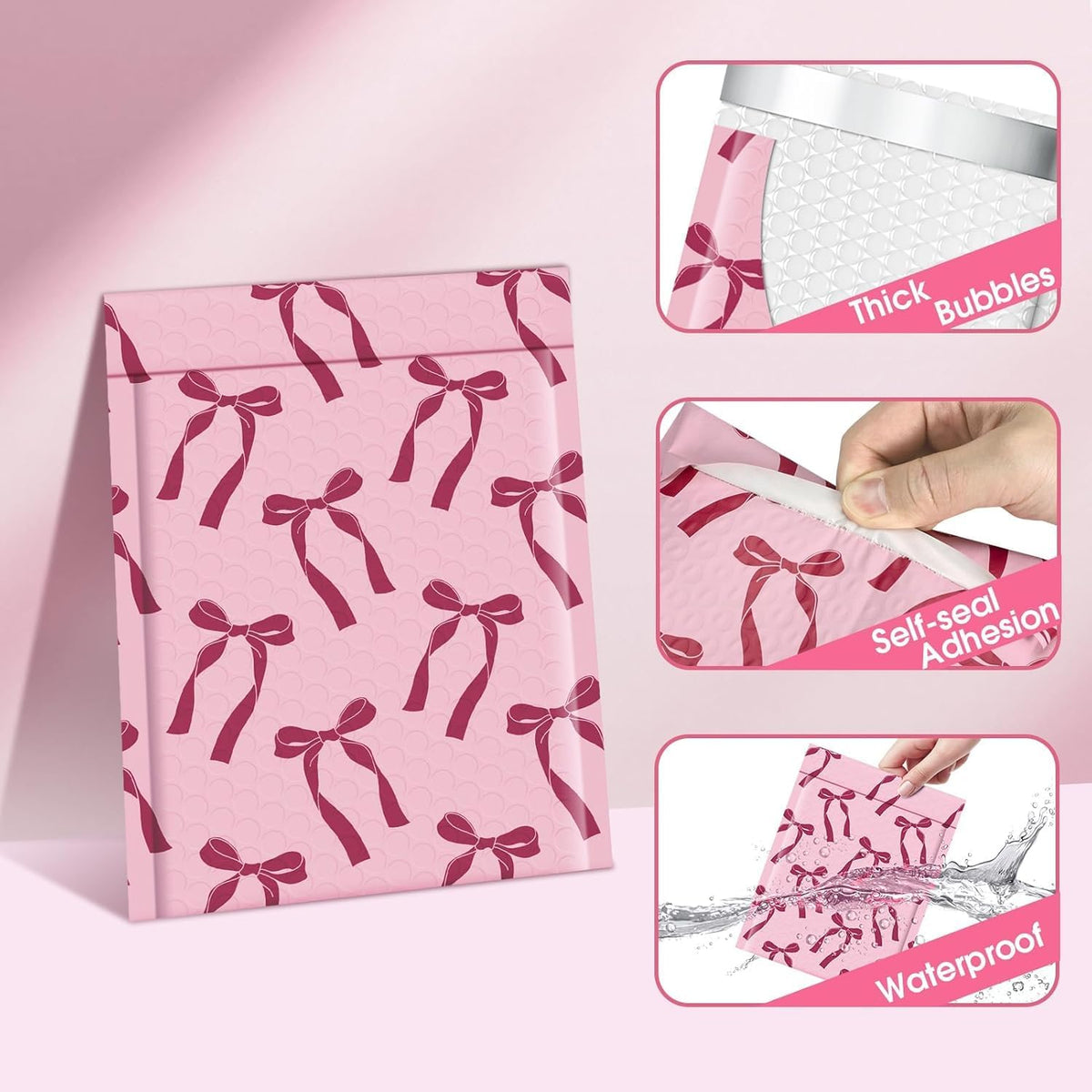 Bubble Mailers 4x8 100 Pack, Pink Bows Cute Design Padded Envelopes