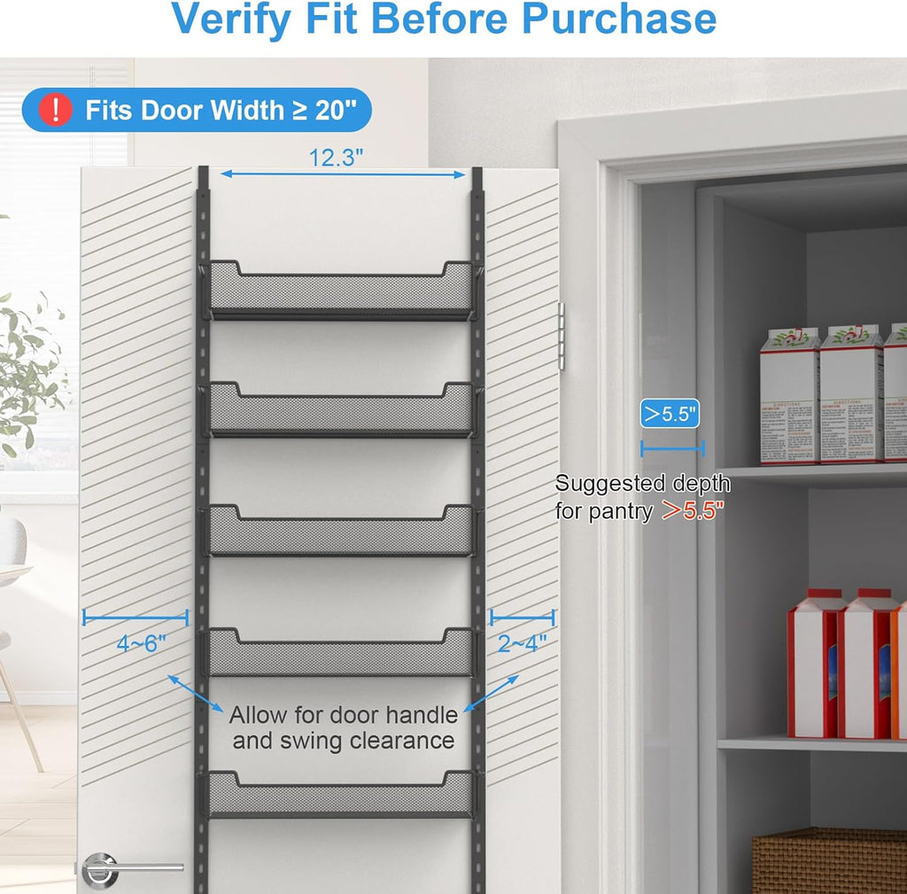 12.3" W Narrow Over the Door Pantry Organizer, 6-Tier Over the Door Organizer with Adjustable Basket, Pantry Door