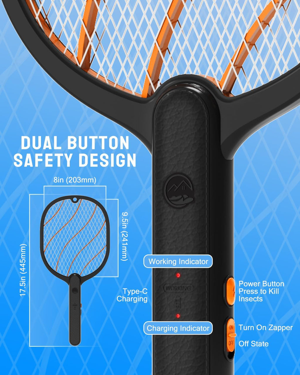 Electric Fly Swatter, 3800V Bug Zapper Racket, Rechargeable 1200mAh Mosquito Killer 3-Layer Safety Mesh Lightweight