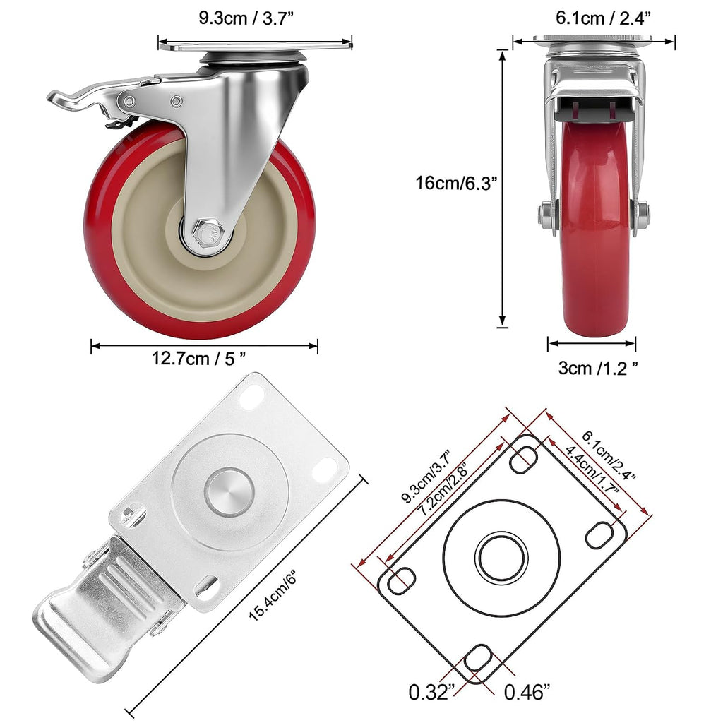 5 Inch Industrial Heavy Duty Swivel Caster Wheels with Brake,Set of 4 Safety Locking Casters,Load 2400lbs,Premium