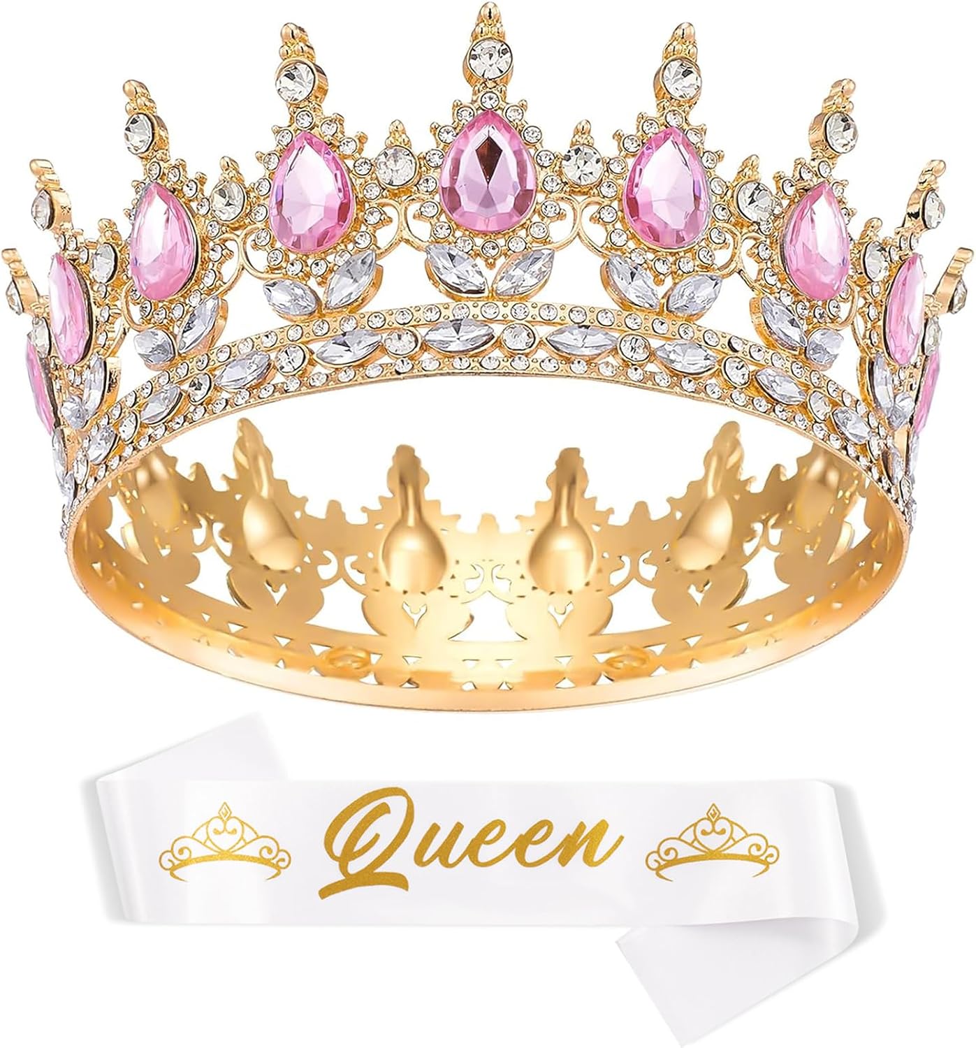 Rhinestone Queen Crown with Sash Women's Tiara Costume Headwear Crown for Women