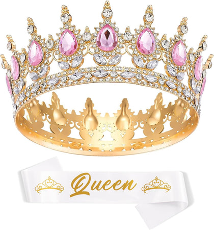 Rhinestone Queen Crown with Sash Women's Tiara Costume Headwear Crown for Women