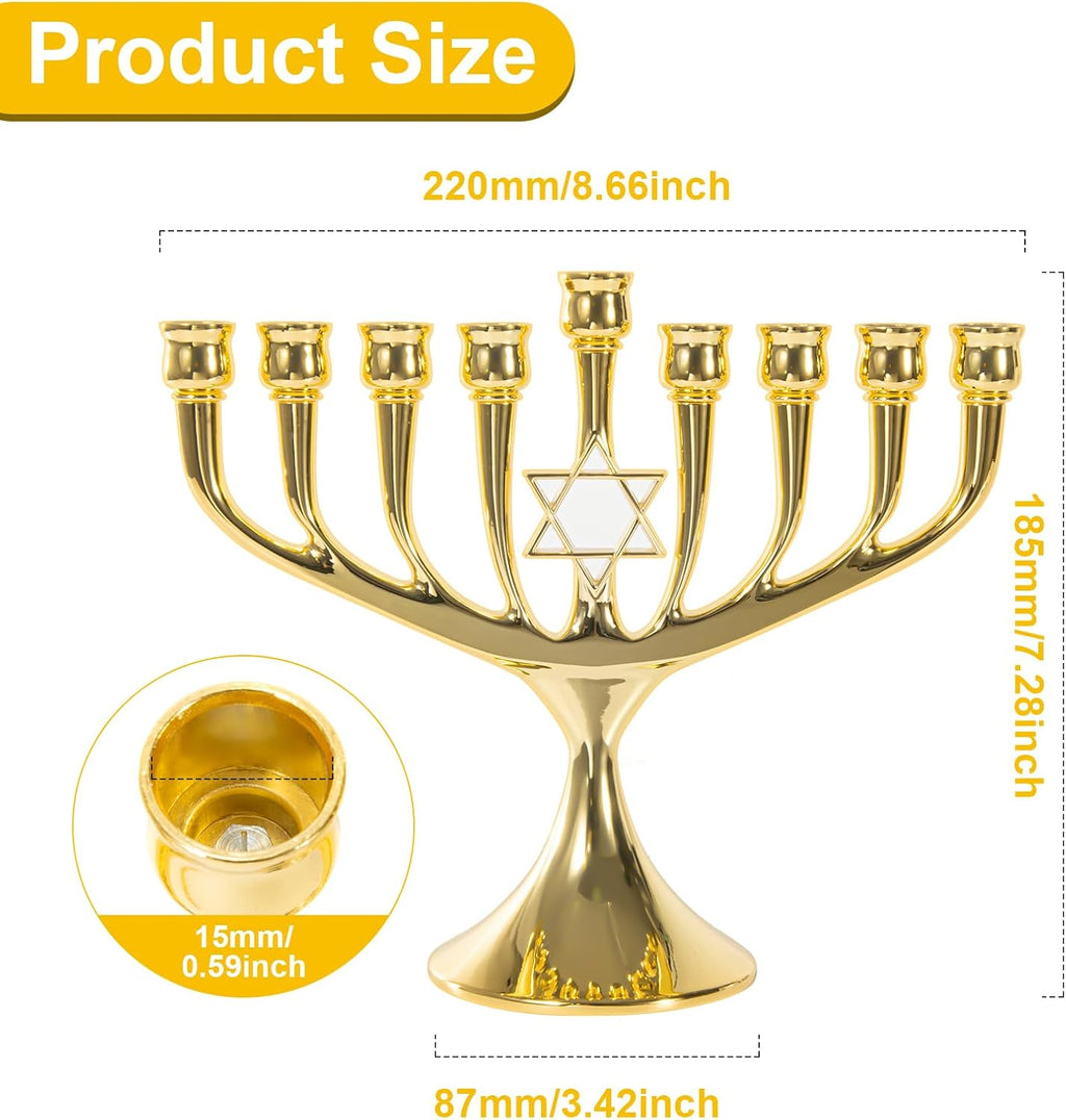 Hanukkah Menorah Upgrade Cups with Built-in Pins, Star of David Candle Holders 9 Branches Gold Plated Candlesticks