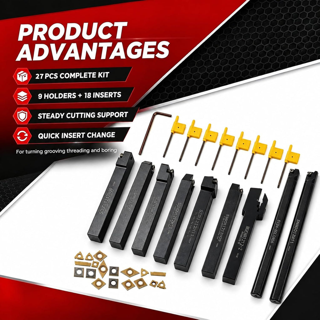 Nakkaa 27 Pc Indexable Lathe Turning Tool Kit 1/2" Shank for Turning Boring