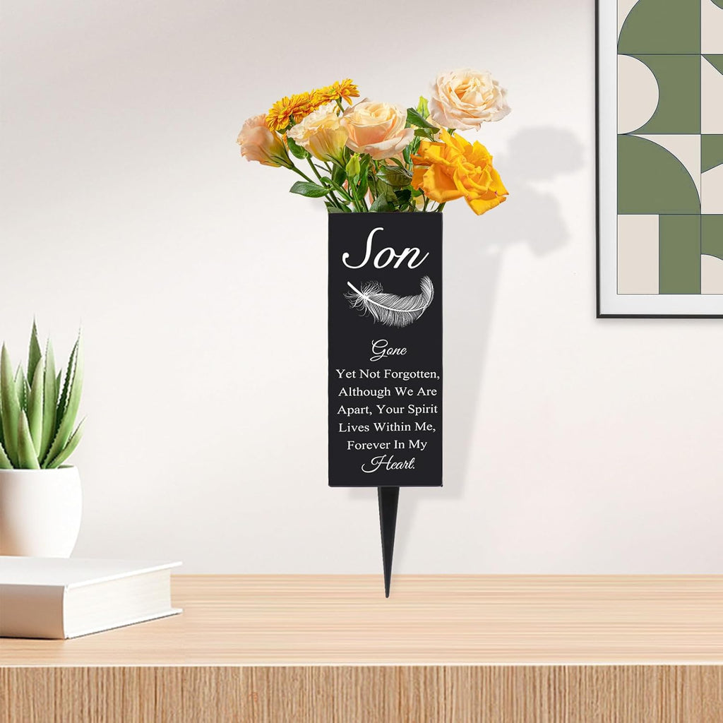 Son Cemetery Vases for Grave, Metal Cemetery Grave Flower Vase with Stake, Son Grave Cemetery Decorations, Metal