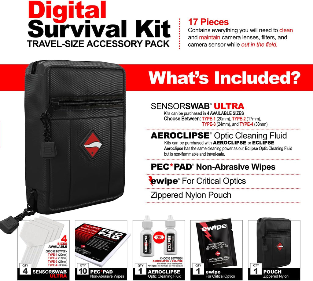 Digital Survival Kit - Type-4 (33mm) Sensor Swabs, PEC-PAD Photo Wipes, E-Wipe Packet, Aeroclipse Optic Cleaner