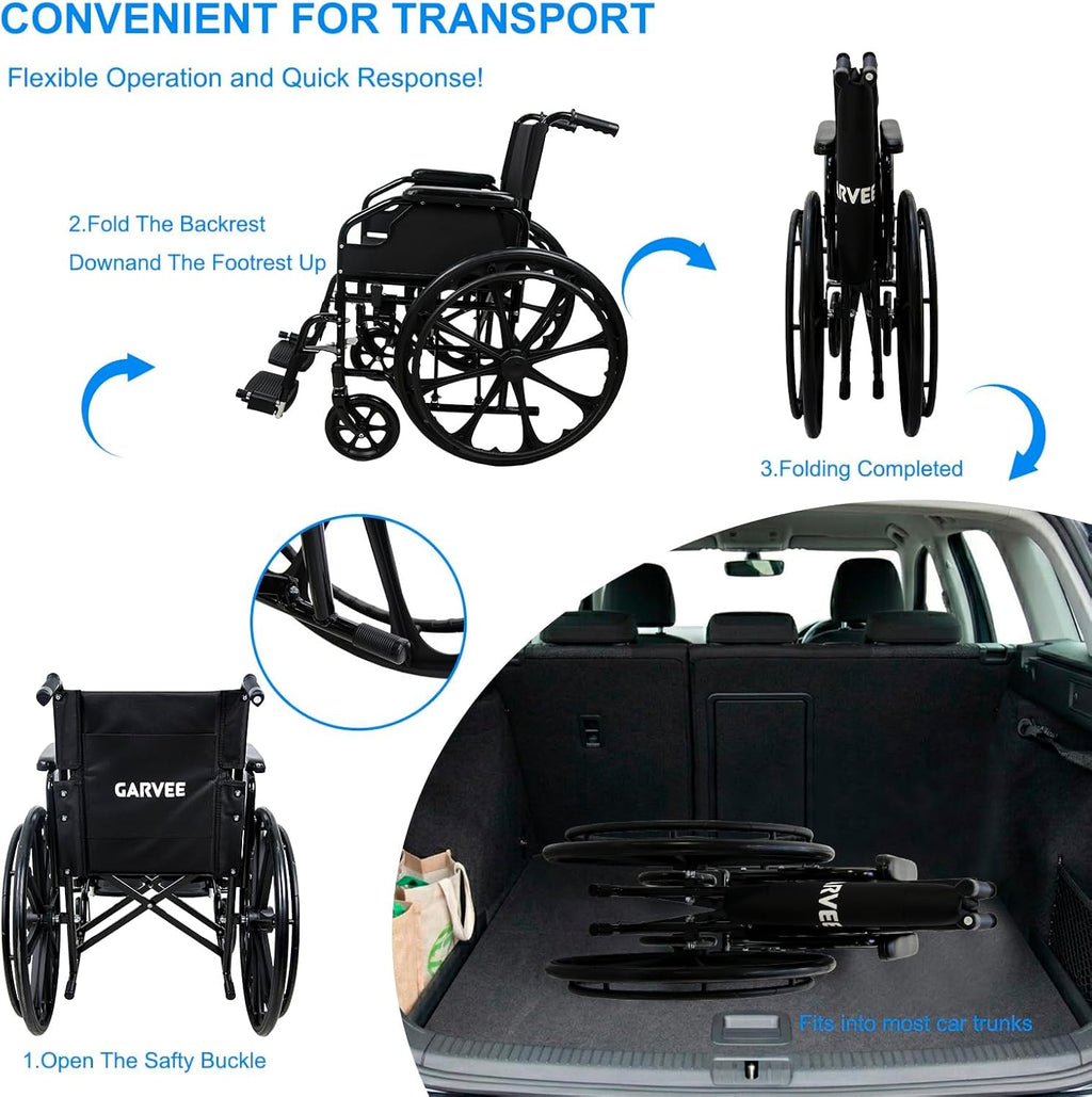 Wheelchairs for Adults Lightweight Foldable, 18" Seat Wheelchair, Flip-Up Arms & Removable Footrests, Portable