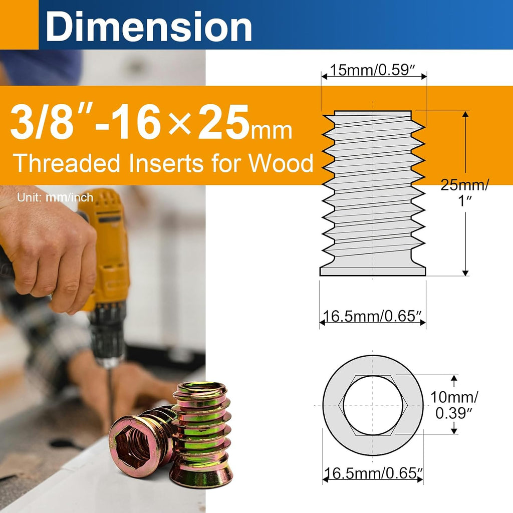 12PCS 3/8"-16 x 25mm Threaded Inserts for Wood, Hex Drive Nuts