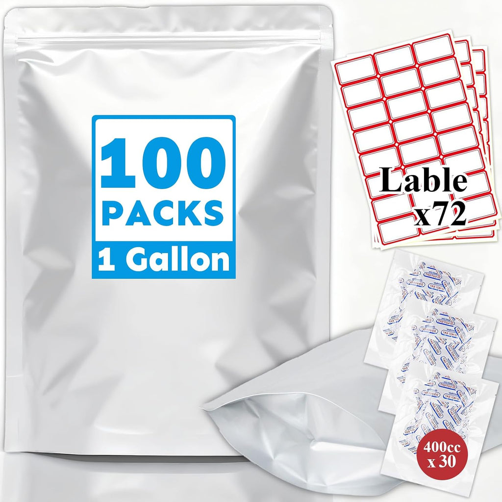 Mylar Bags 1Gallon 100PCS 14"X10" for Food Storage with Oxygen Absorbers&Labels,10Mil Thick Resealable Zipper&Heat