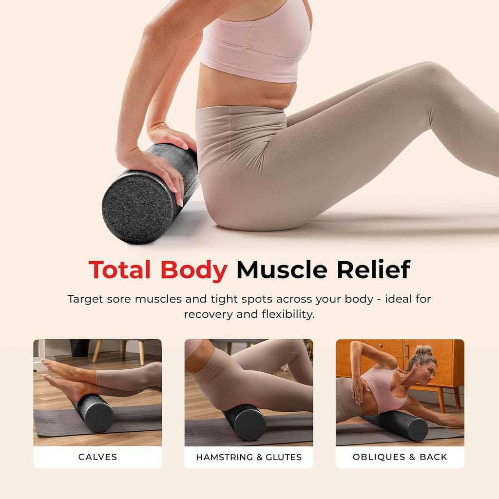 High-Density Foam Roller 12" to 36", for Stretching & Muscle Recovery – Black, Blue, Pink