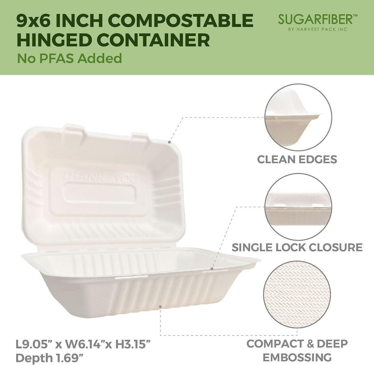 9X6 inch Compostable White Clamshell Take Out Food Containers togo boxes